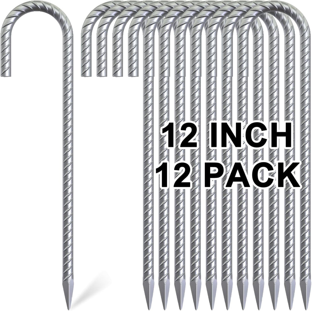 MySit 12" Ground Rebar Stakes J Hook Ground Anchors, 12 Pack Heavy Duty Galvanized Anti-Rust Heavy Duty for Camping Tent, Trampoline, Chain Link Fence, Lawn, Garden Decoration