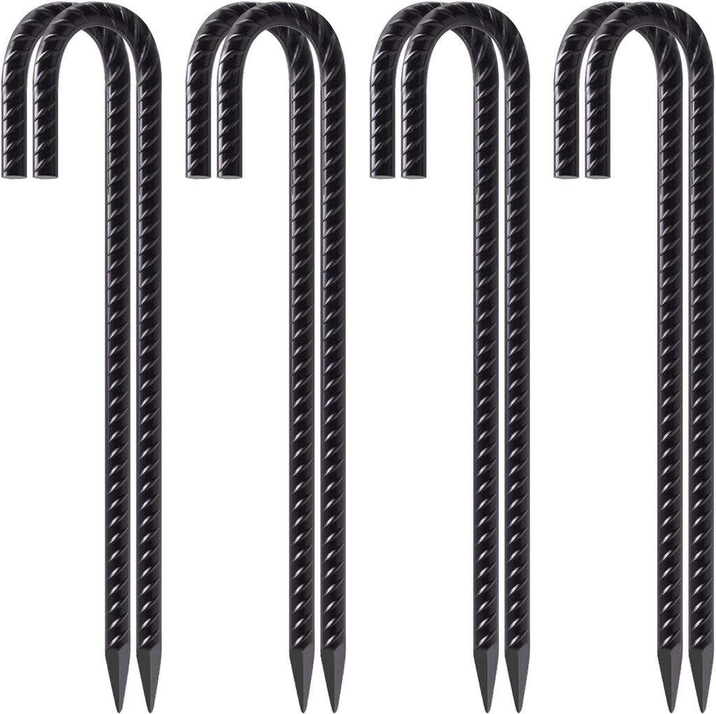 MySit 12 Inch Multi-Purpose Rebar J Hook Ground Stakes 8 Pack Heavy Duty Galvanized Steel Tent Stakes, Metal Ground Anchors for Landscape, Fences, Garden, Campground, Black