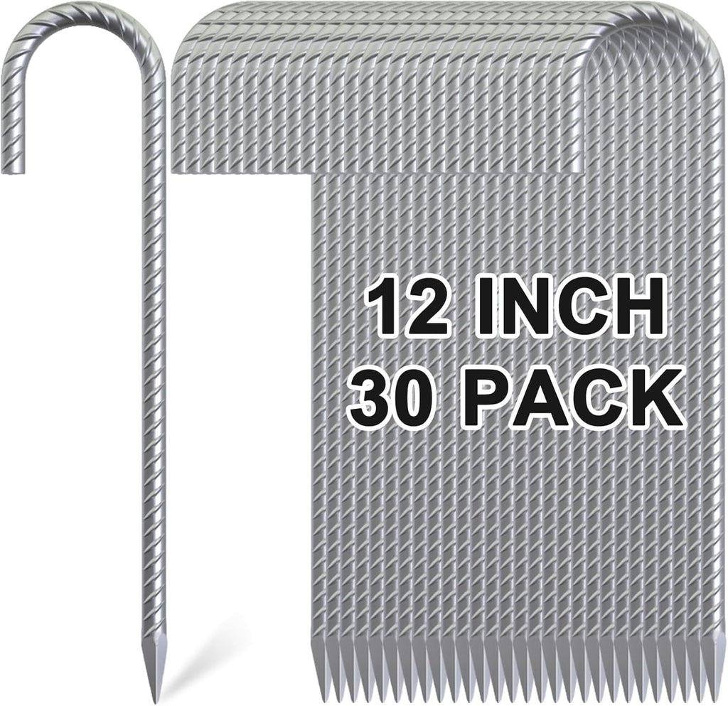 MySit 12 Inch Rebar Stakes J Hook Ground Stakes 30-Pack Ground Anchors for Tent Heavy Duty Galvanized for Outdoor Lawn Decorations Inflatables Canopy Swing Set