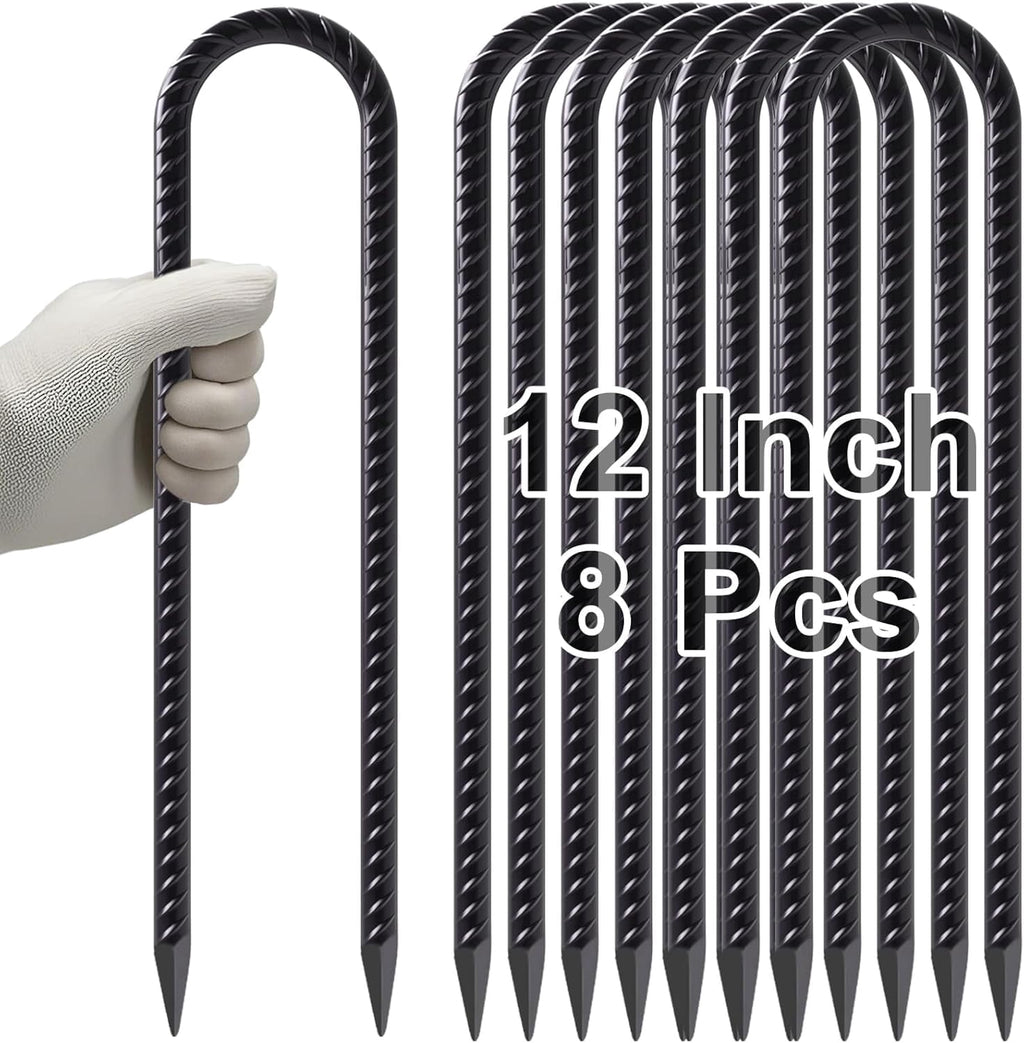 MySit 12 Inches Trampoline Wind Stakes Set of 8 Heavy Duty U Stakes Ground Tie Down Anchor Kit for Camping Tents, Swing Set and Soccer Goal Galvanized Steel Anchors Black