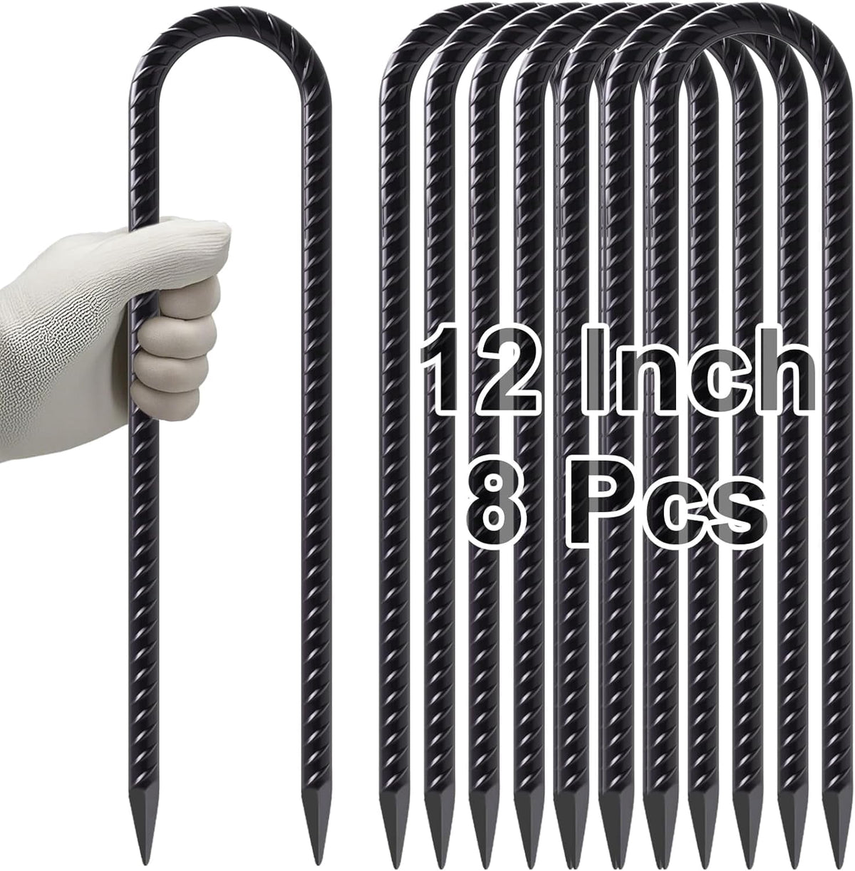 MySit 12 Inches Trampoline Wind Stakes Set of 8 Heavy Duty U Stakes Ground Tie Down Anchor Kit for Camping Tents, Swing Set and Soccer Goal Galvanized Steel Anchors Black