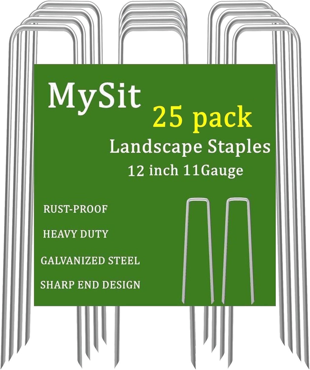 MySit 25 Packs 12 Inches Galvanized Landscape Staples Heavy Duty 11 Gauge Anti-Rust Garden Stakes Staples Securing SOD Pins Yard Stakes for Landscaping Securing Weed Barrier Fabric