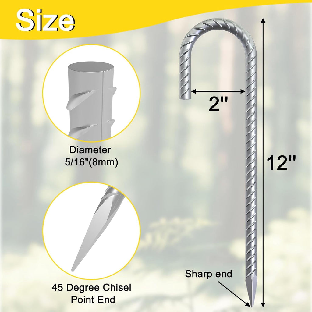 MySit 12 Inch Rebar Stakes J Hook Ground Stakes 30-Pack Ground Anchors for Tent Heavy Duty Galvanized for Outdoor Lawn Decorations Inflatables Canopy Swing Set